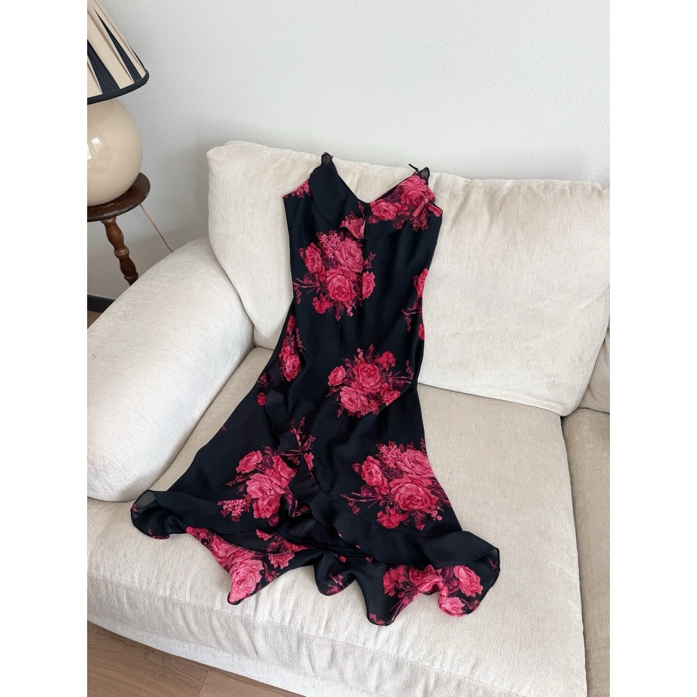 Vintage Y2K Express Black Dress S/M Pink Floral Fairy Chiffon Cami Romantic